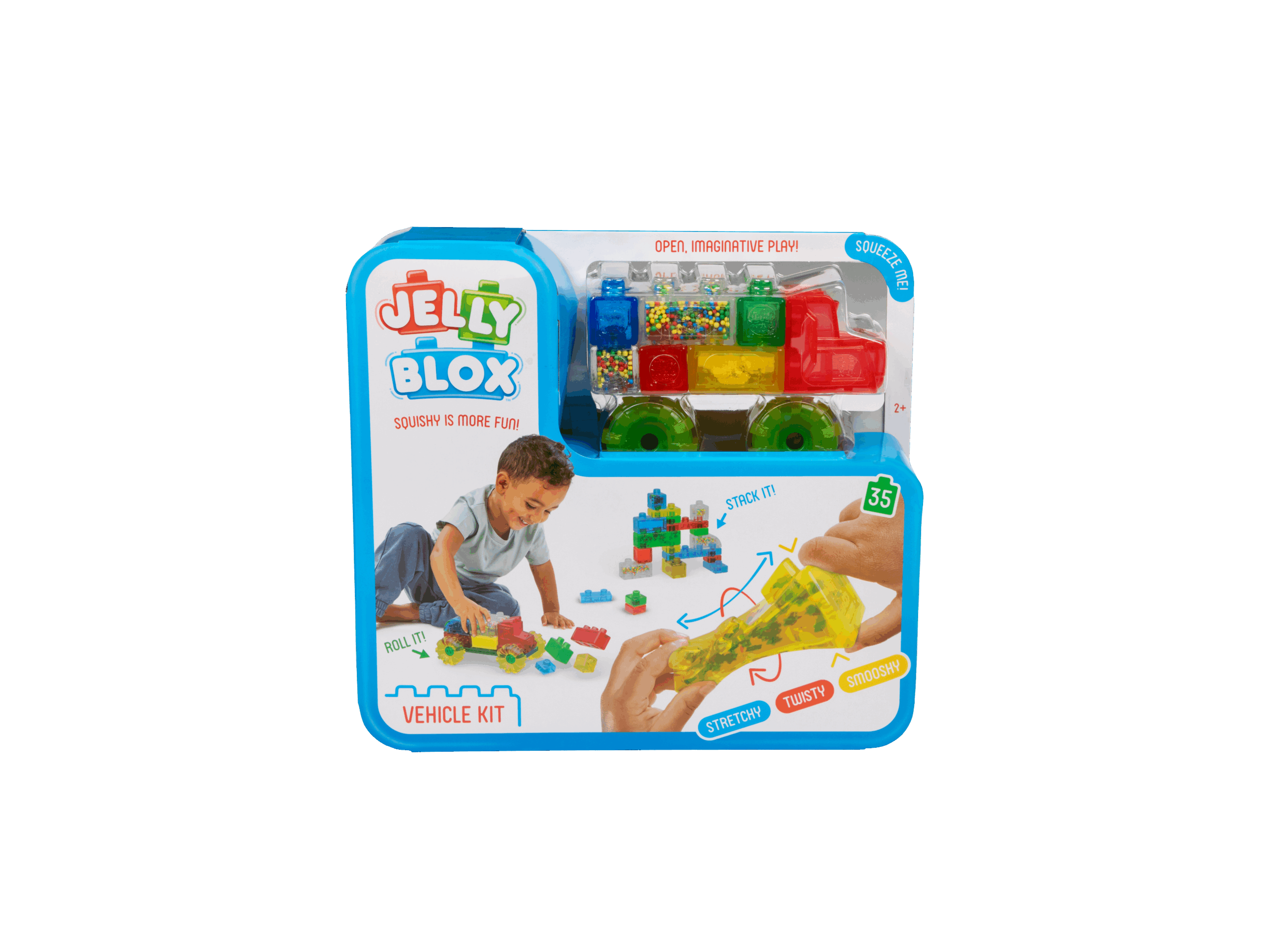 De doos van de Jelly Blox Truck Kit vanuit een linkerhoek